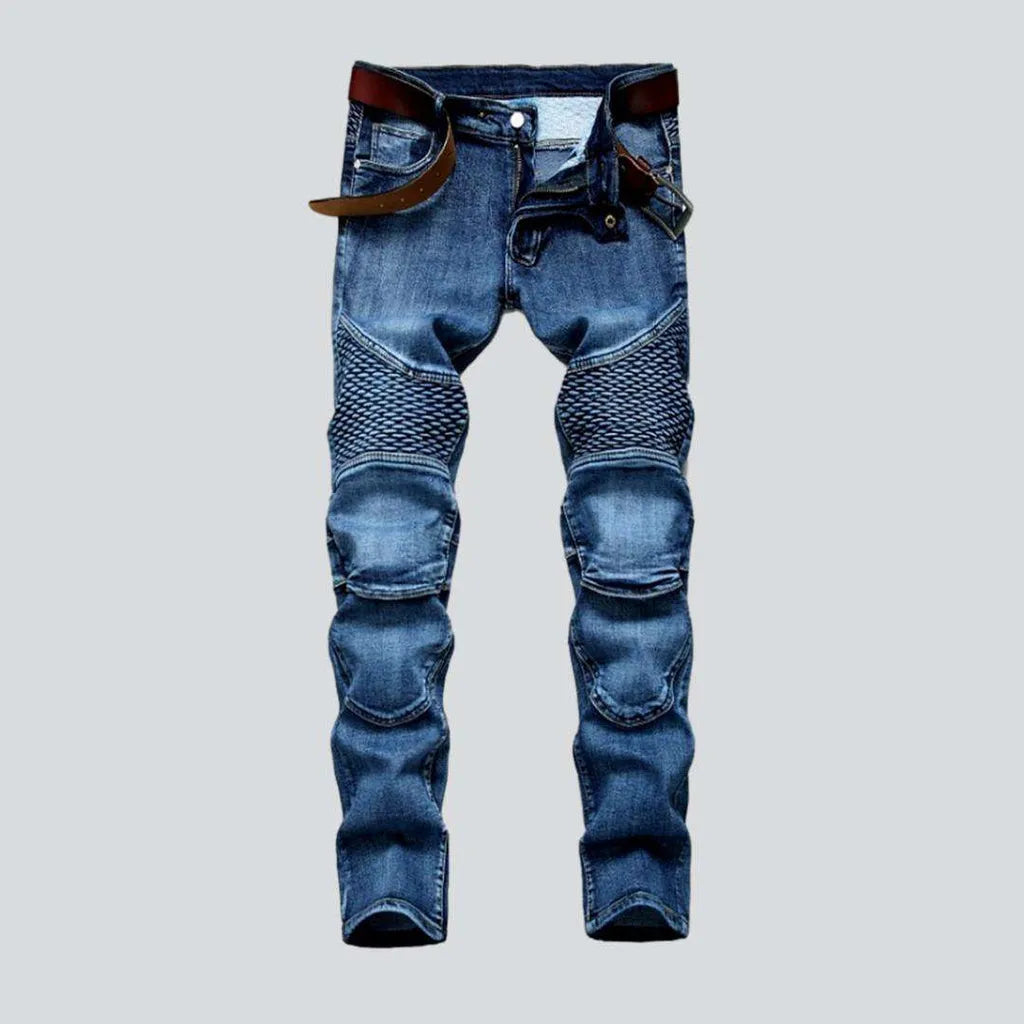 Embroidered blue moto men's jeans