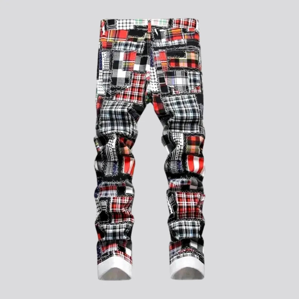 Patchwork-print mid-waist jeans