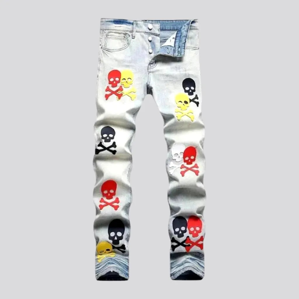 Skull-embroidery mid-waist jeans for men