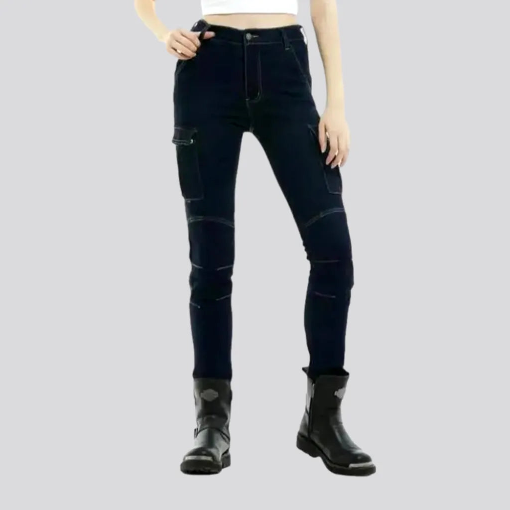 Cargo dark-wash women's motorcycle jeans