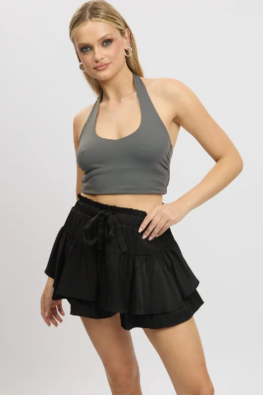 Black Skort Skirt Frilled Hem Elasticated Waist