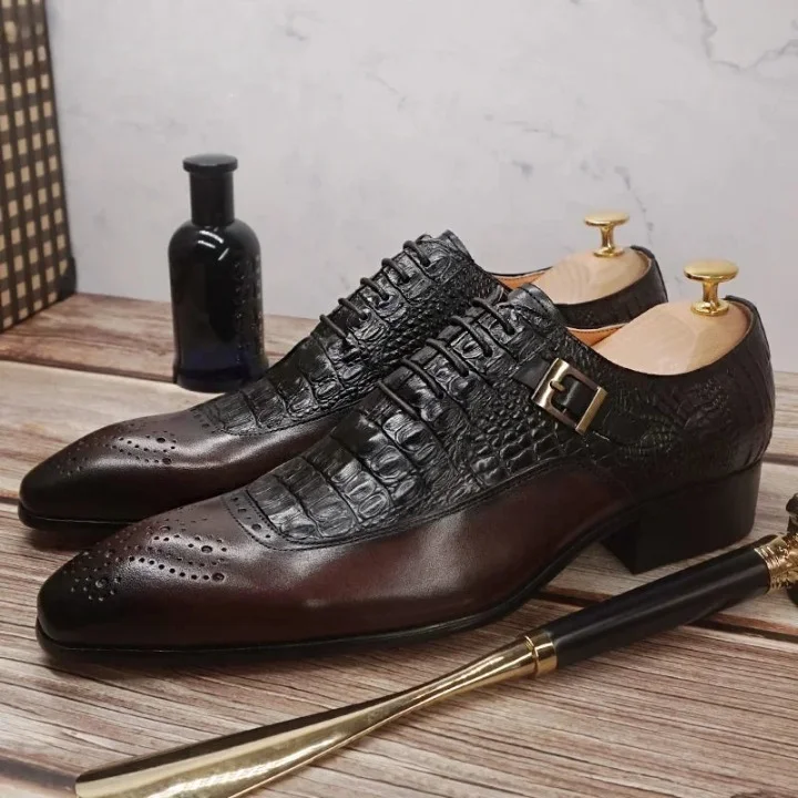 Men's Classic Crocodile Pattern Lace-up Buckle Strap Pointed Toe Dress Shoes