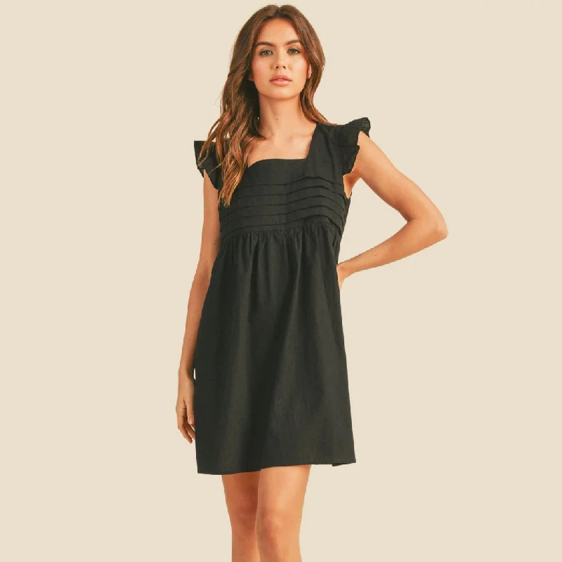 Ruffled Sleeve Pleat Detail Babydoll Dress (Black)