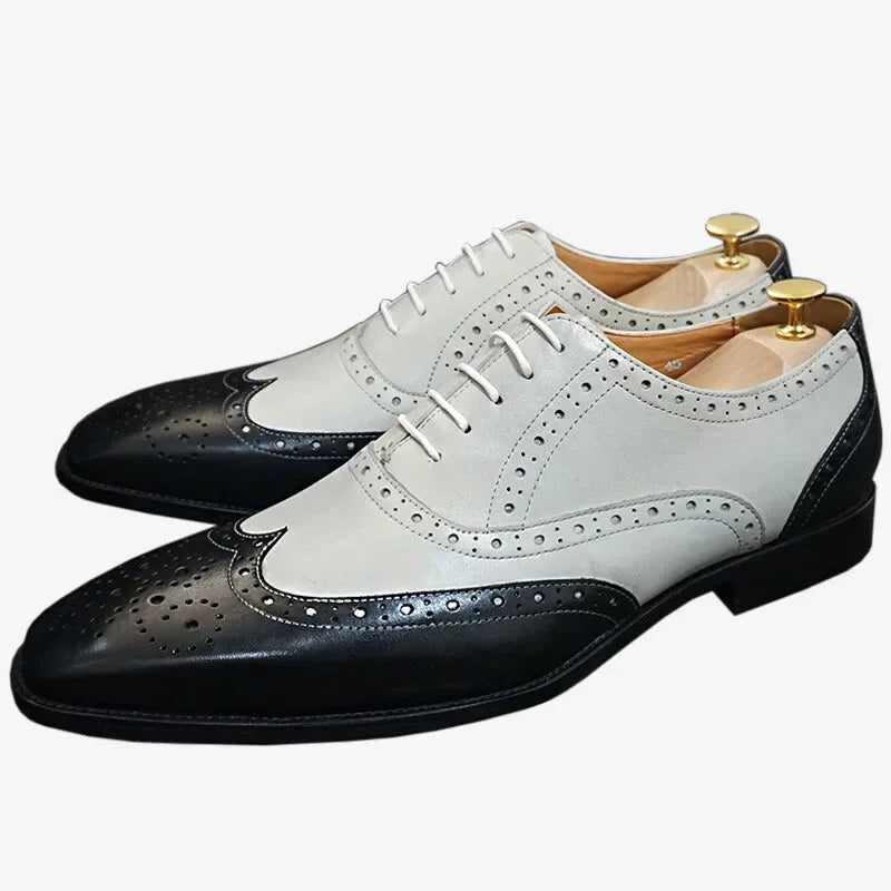 Men's Lace-up Wingtip Square Toe Mixed Color Genuine Leather Dress Shoes