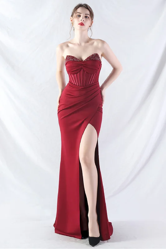 Sparkly Burgundy Beaded Corset Long Prom Dress with Slit