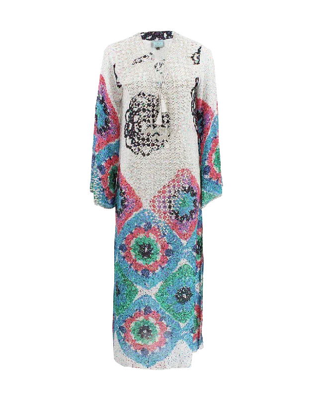 Long Sleeve Printed Bead Maxi Dress