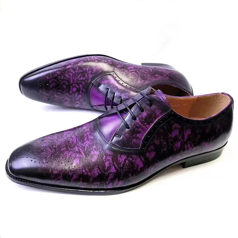 Men's Luxury Lace-up Pointed Toe Genuine Leather Printed Pattern Dress Shoes