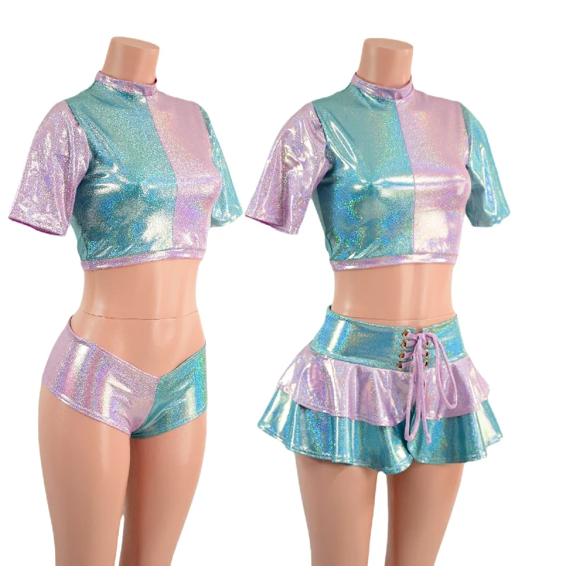 3PC Color Split Crop, Double Ruffle Mini Skirt, and Cheeky Booty Shorts Set