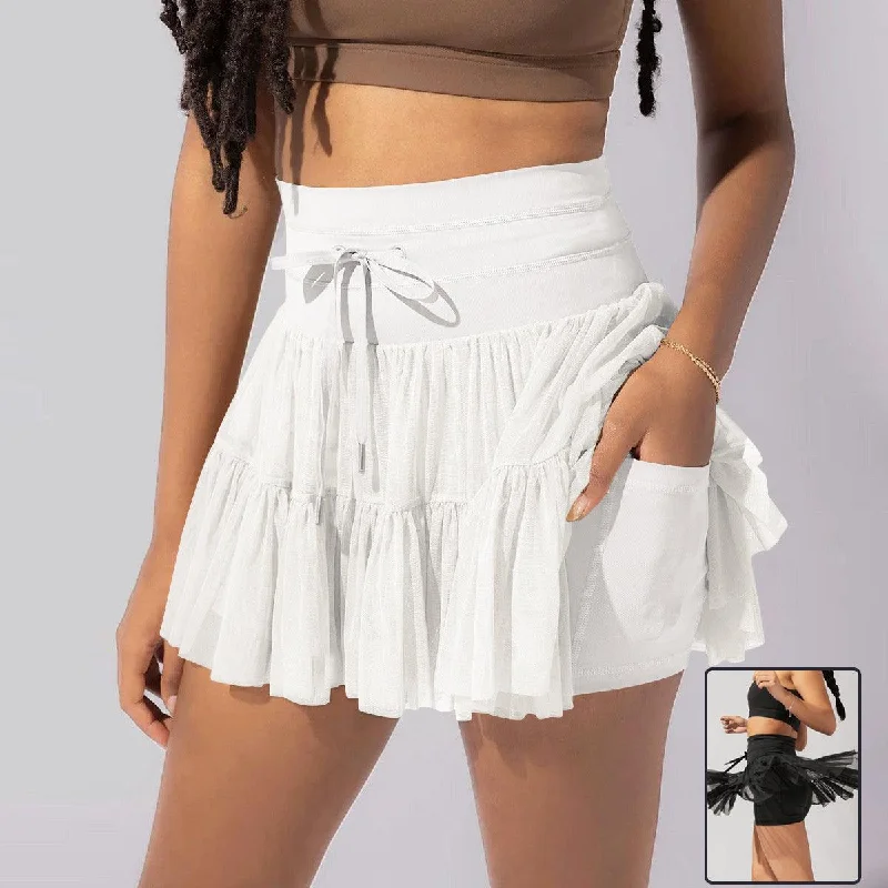 Women's High Waist Lace-Up Pleated Sports Skirt with Safety Shorts