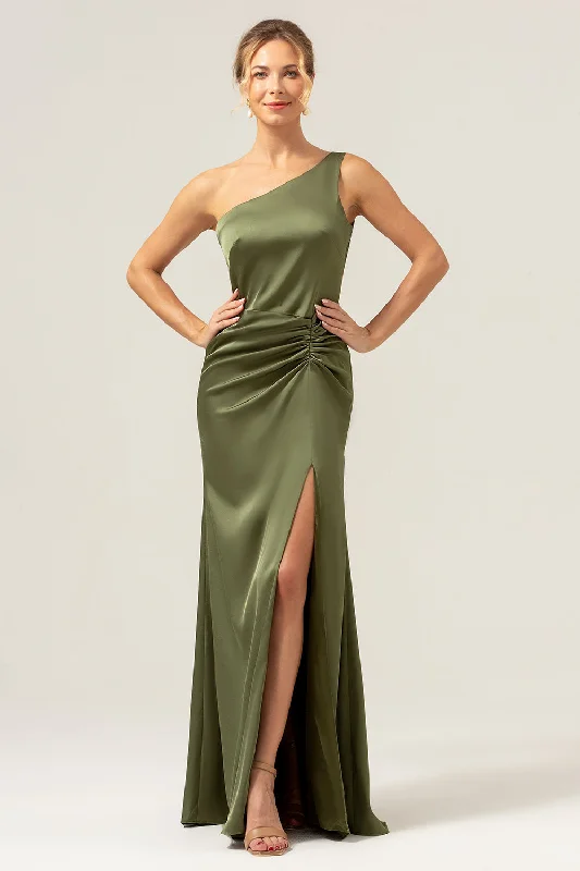 Olive Mermaid One Shoulder Backless Satin Long Bridesmaid Dress