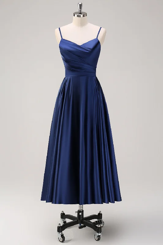 Navy A-Line Ruched Spaghetti Straps Tea Length Bridesmaid Dress