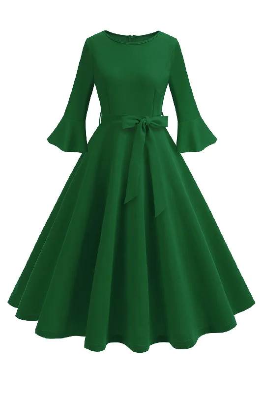 Dark Green Round Neck Pleated Long Sleeves 1950s Vintage Dress