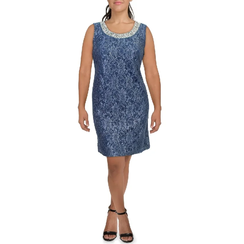 R&M Richards Womens Lace Glitter Shift Dress