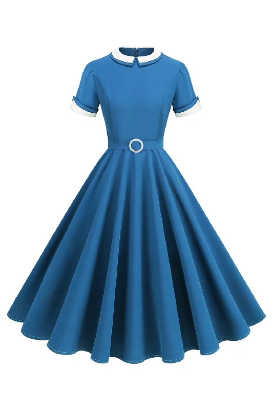 Blue Round Neck A-Line Midi 1950s Dress