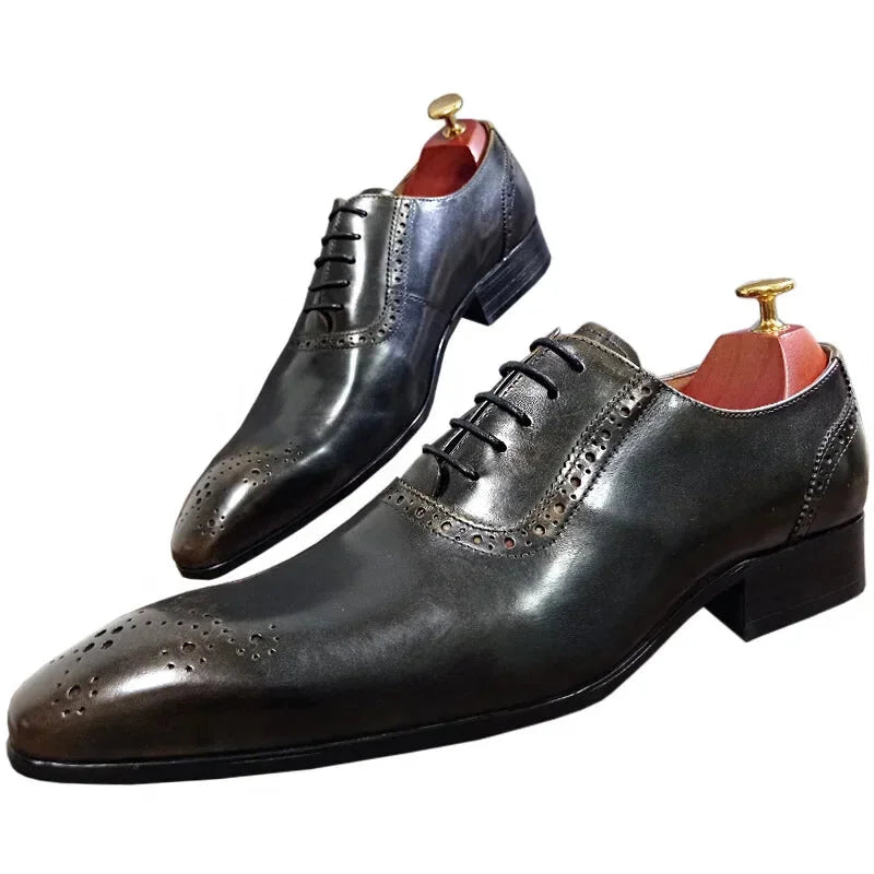 Men's Luxury Genuine Leather Lace Up Pointed Toe Formal Dress Shoes