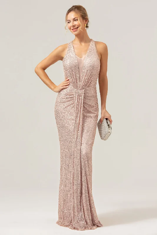 Glitter Blush Mermaid Halter Backless Long Prom Dress