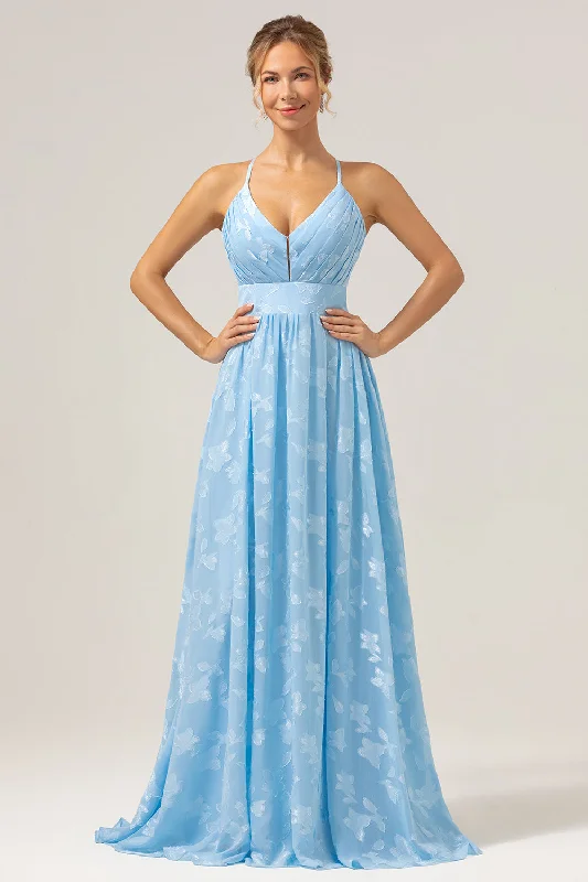 Sparkly V-Neck Pleated Light Blue Long Bridesmaid Dress with Embroidery