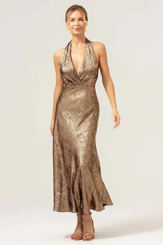 Golden Mermaid Halter Neck Backless Tea Length Bridesmaid Dress