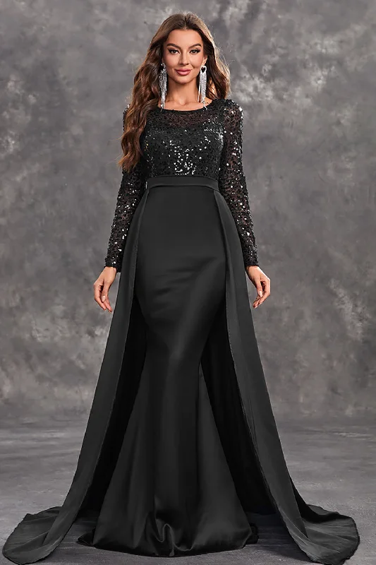 Glitter Black A Line Round Neck Prom Dress with Sequins