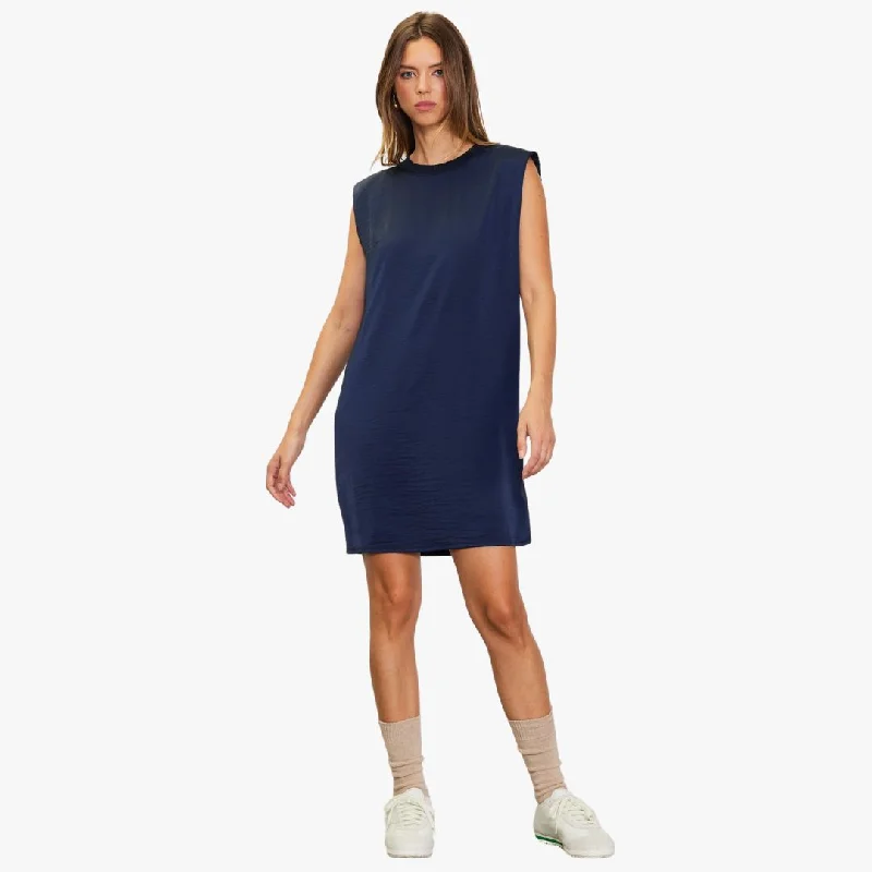 Sleeveless Muscle Tank Silky Mini Dress (Navy)