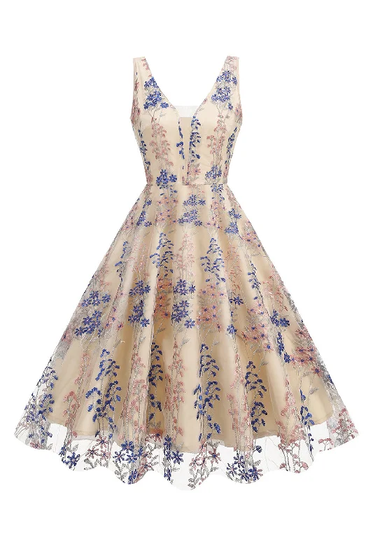 Sparkly Apricot Flower Sleeves Swing 1950s Dress