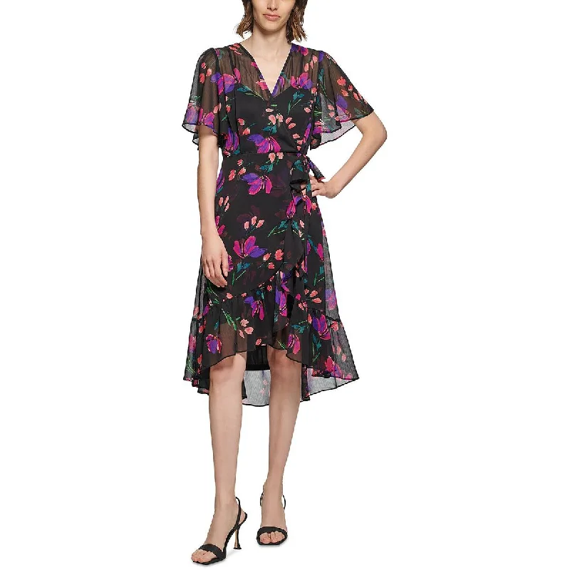 Calvin Klein Womens Floral Print Hi-Low Wrap Dress