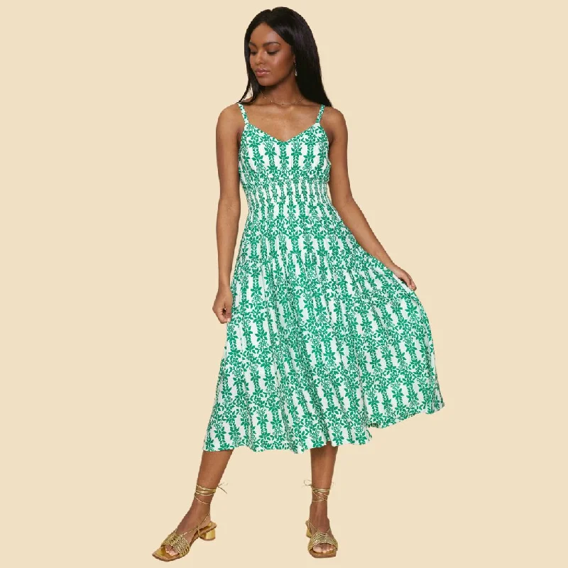 Printed Smock Waist Dress (White + Kelly Green)