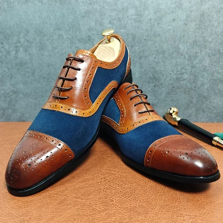 Men's Genuine Leather Lace Up Mixed Color Patchwork Dress Shoes