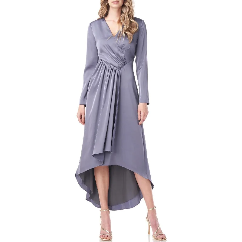 Kay Unger Helena Women's Hi-Lo Gathered Charmeuse Long Sleeve Evening Dress