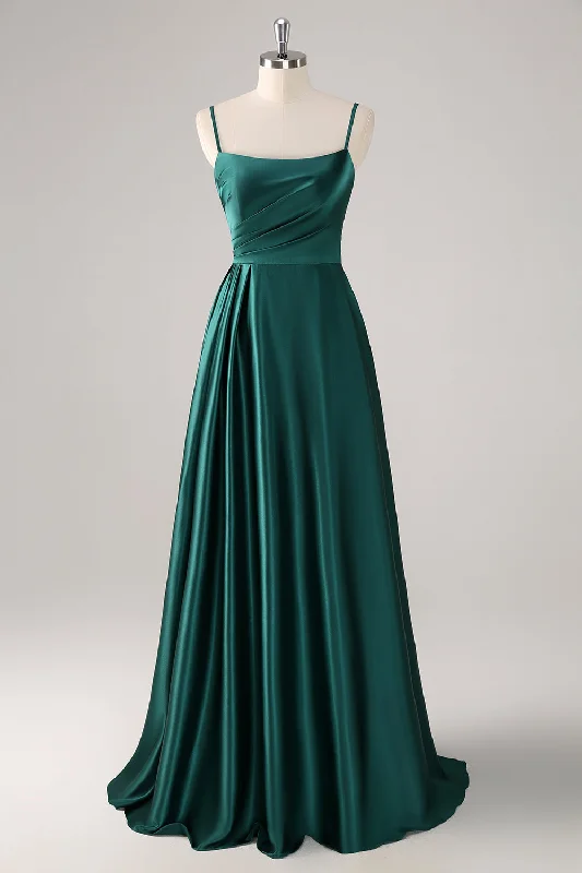 Dark Green A-Line Spaghetti Straps Satin Ruched Long Bridesmaid Dress