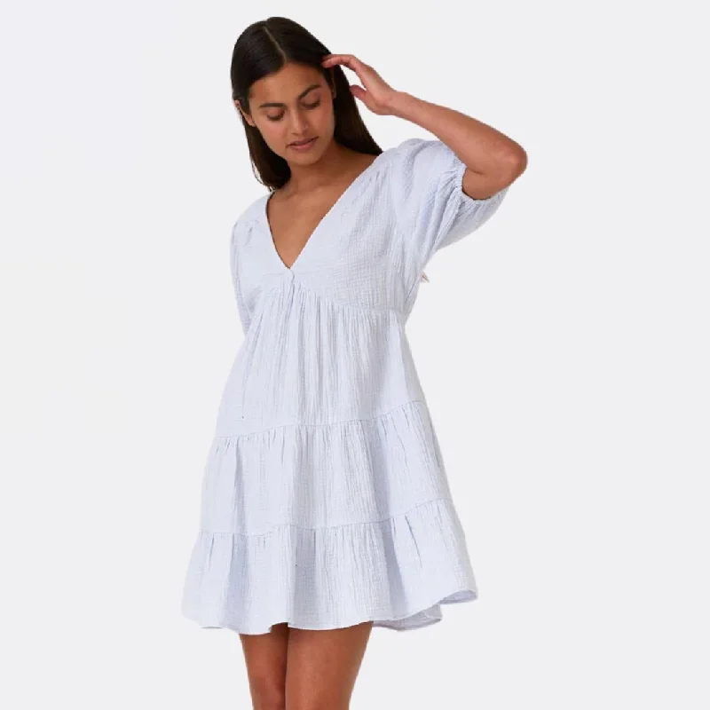 Cotton Puff Sleeve V Neck Tiered Mini Dress (Dusty Blue)