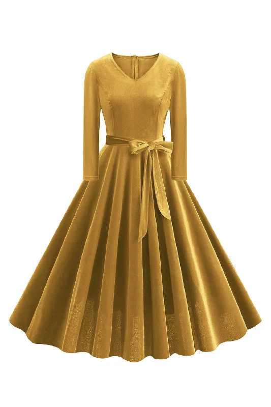 Yellow V Neck Pleated Long Sleeves 1950s Dress