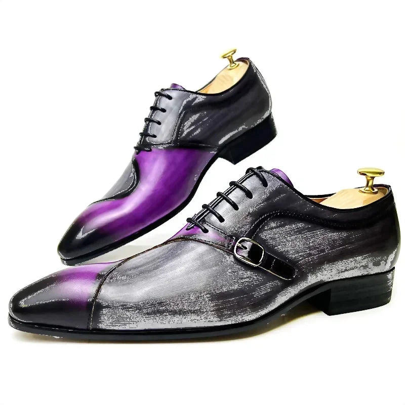 Luxury Genuine Leather Lace Up Pointed Toe Mixed Color Dress Shoes for Men