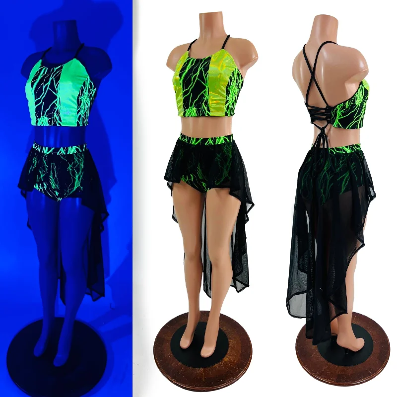 Neon Strappy Back Halter and Siren Shorts with Mesh Hi Lo Attached Skirt