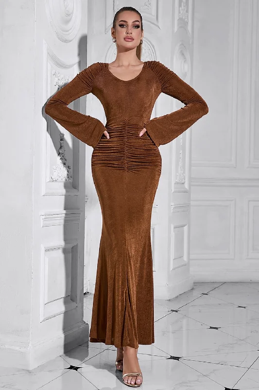 Brown Mermaid Long Sleeves Ruched Round Neck Long Prom Dress