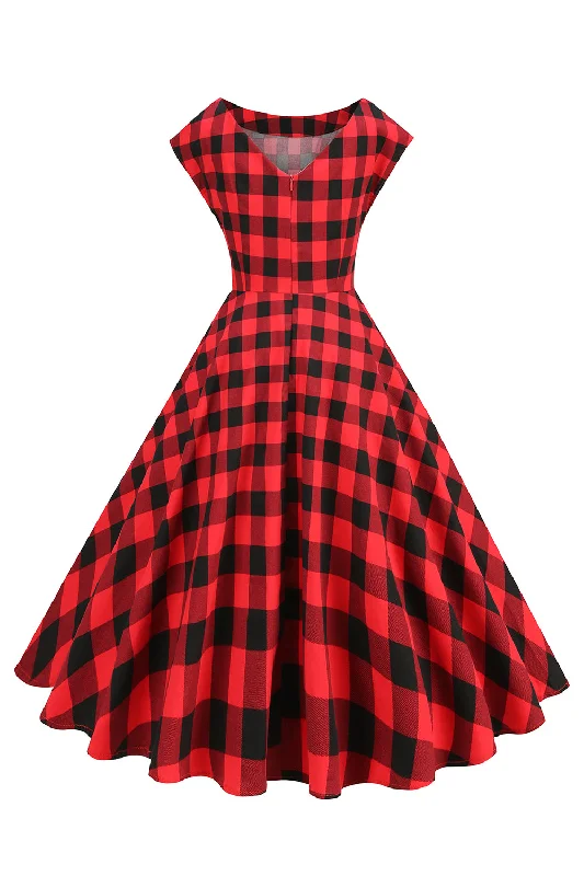 Red and Black Plaid A-Line V-Neck 1950s Dress