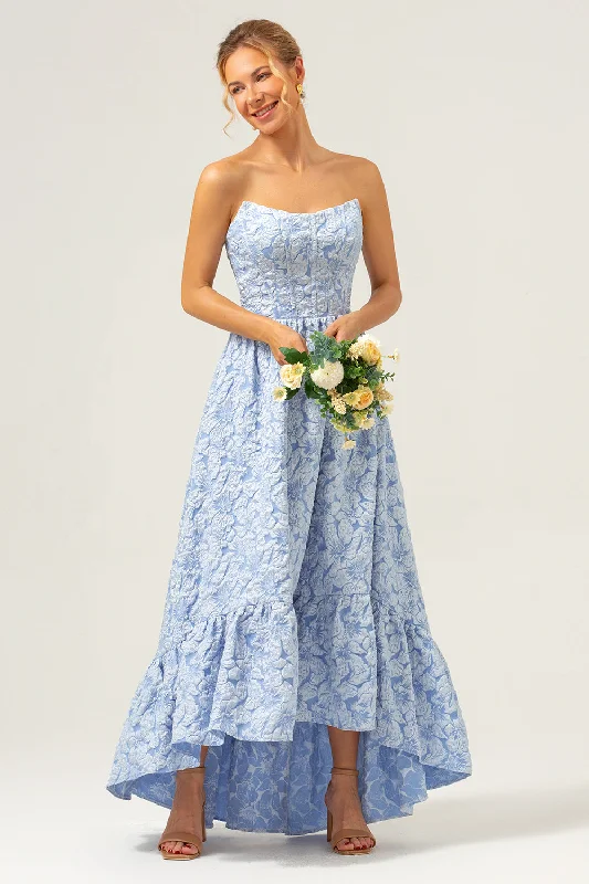 A-Line Blue Floral Strapless High Low Bridesmaid Dress