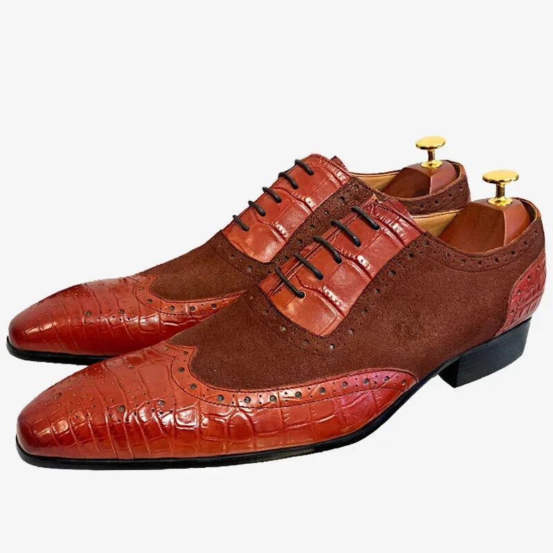 Luxury Lace Up Pointed Toe Crocodile Patchwork Dress Shoes for Men