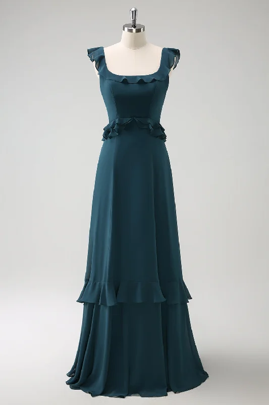 Dark Peacock Green Scoop Neck A-Line Chiffon Bridesmaid Dress