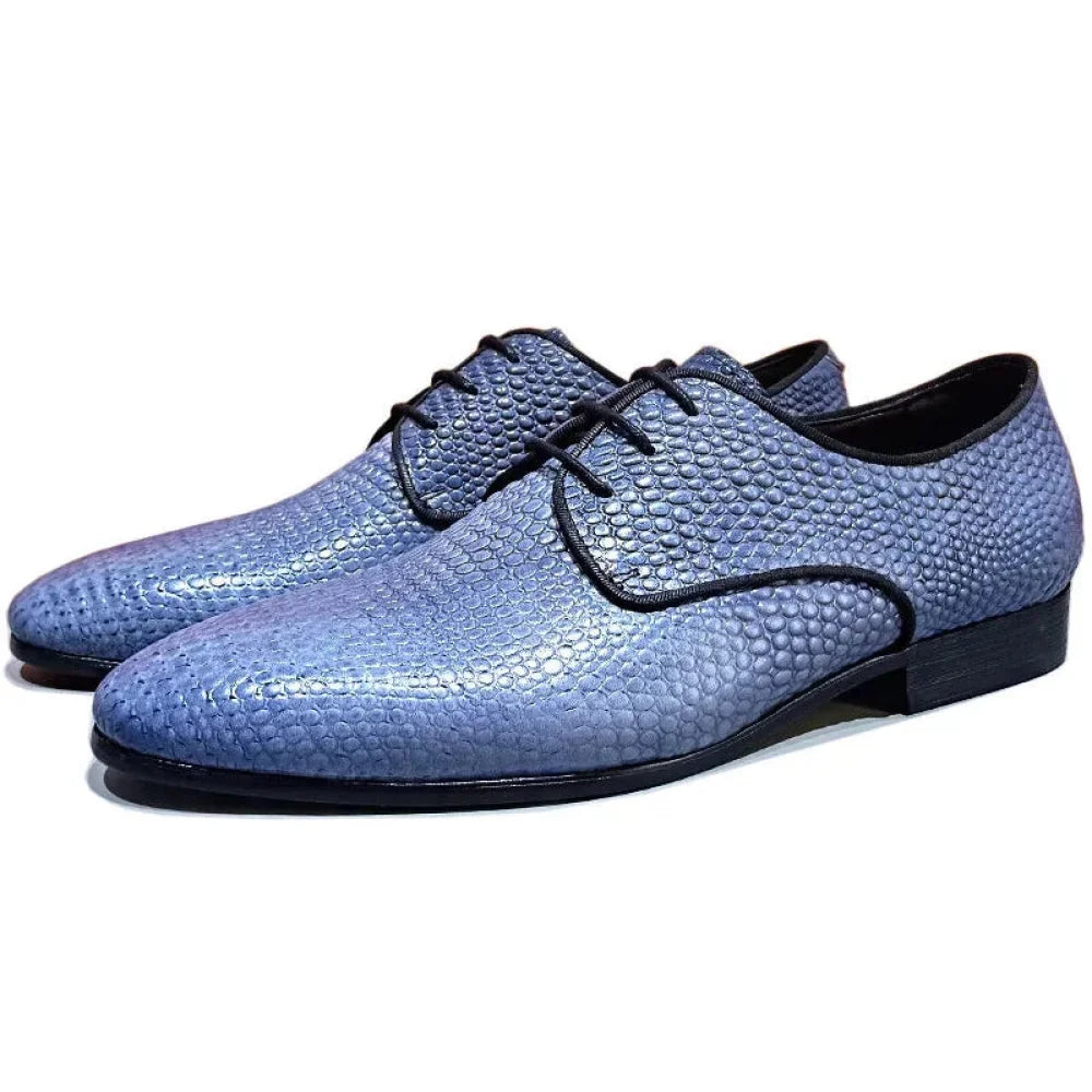 Men's Luxury Blue Genuine Leather Lace Up Pointed Toe Dress Shoes