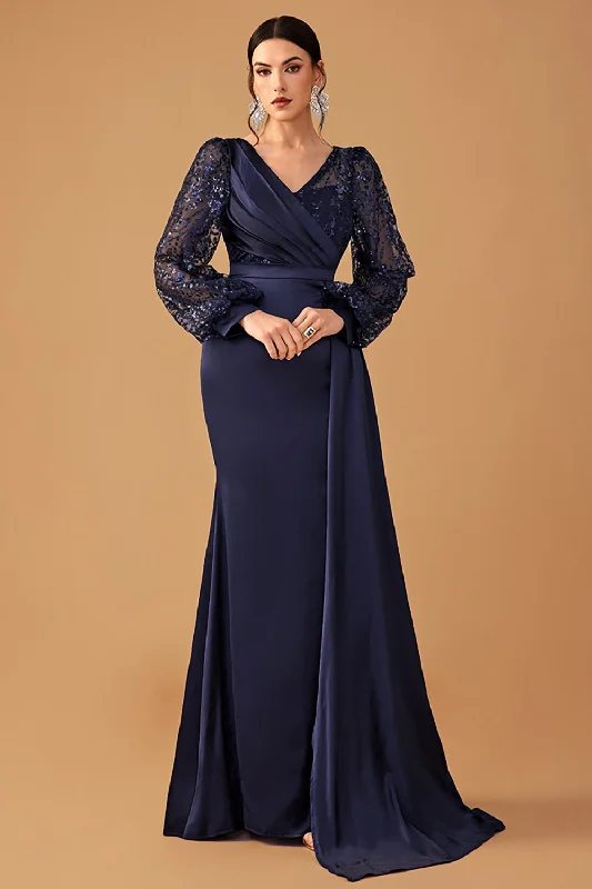 Navy V Neck Mermaid Long Sleeves Prom Dress