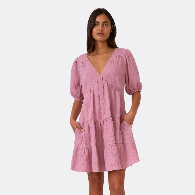 Cotton Puff Sleeve V Neck Tiered Mini Dress (Orchid)