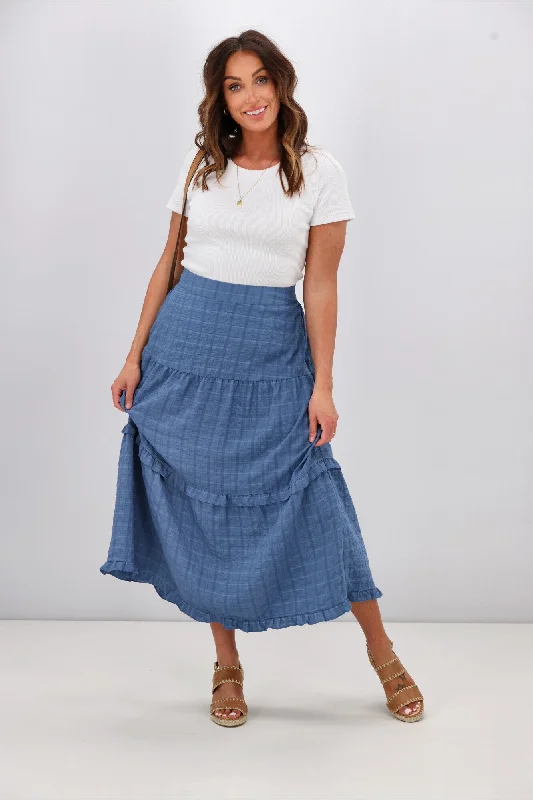 Shine On Label Zeppelin Tiered Maxi Skirt  Denim Blue