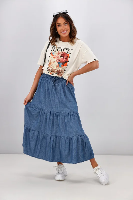 Shine On Label Polly Chambray Tiered Midi Skirt Blue