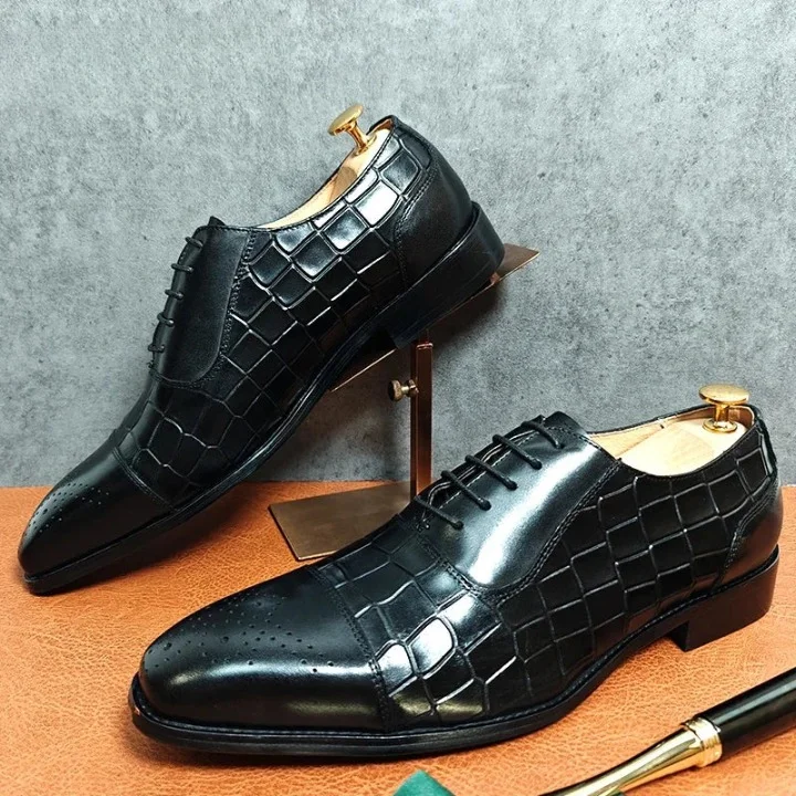 Men's Luxury Genuine Leather Crocodile Pattern Lace-up Dress Shoes