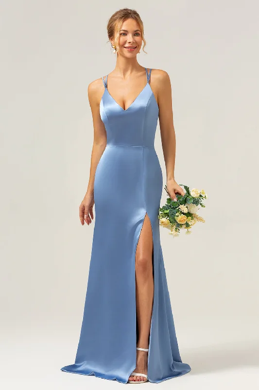 Blue Mermaid Spaghetti Straps Long Satin Bridesmaid Dress with Slit