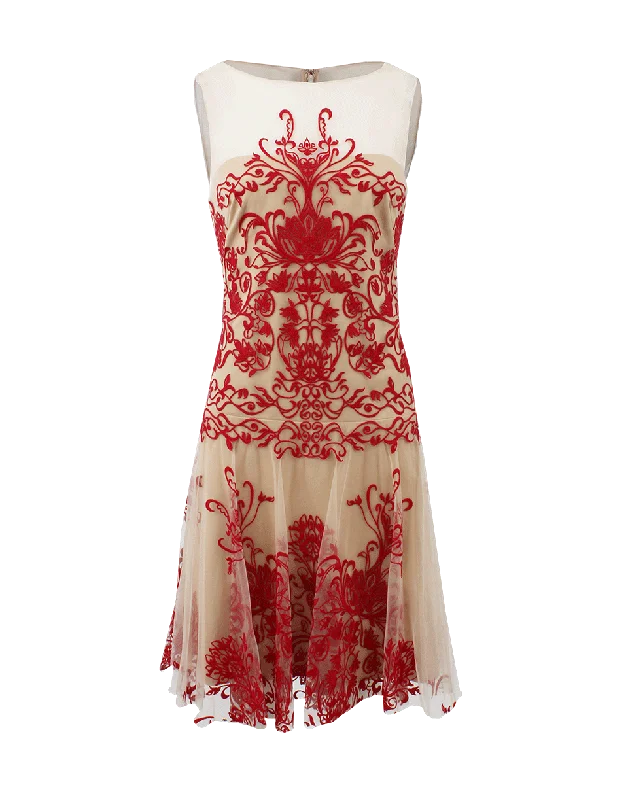 Illusion Neck Embroidered Cocktail Dress